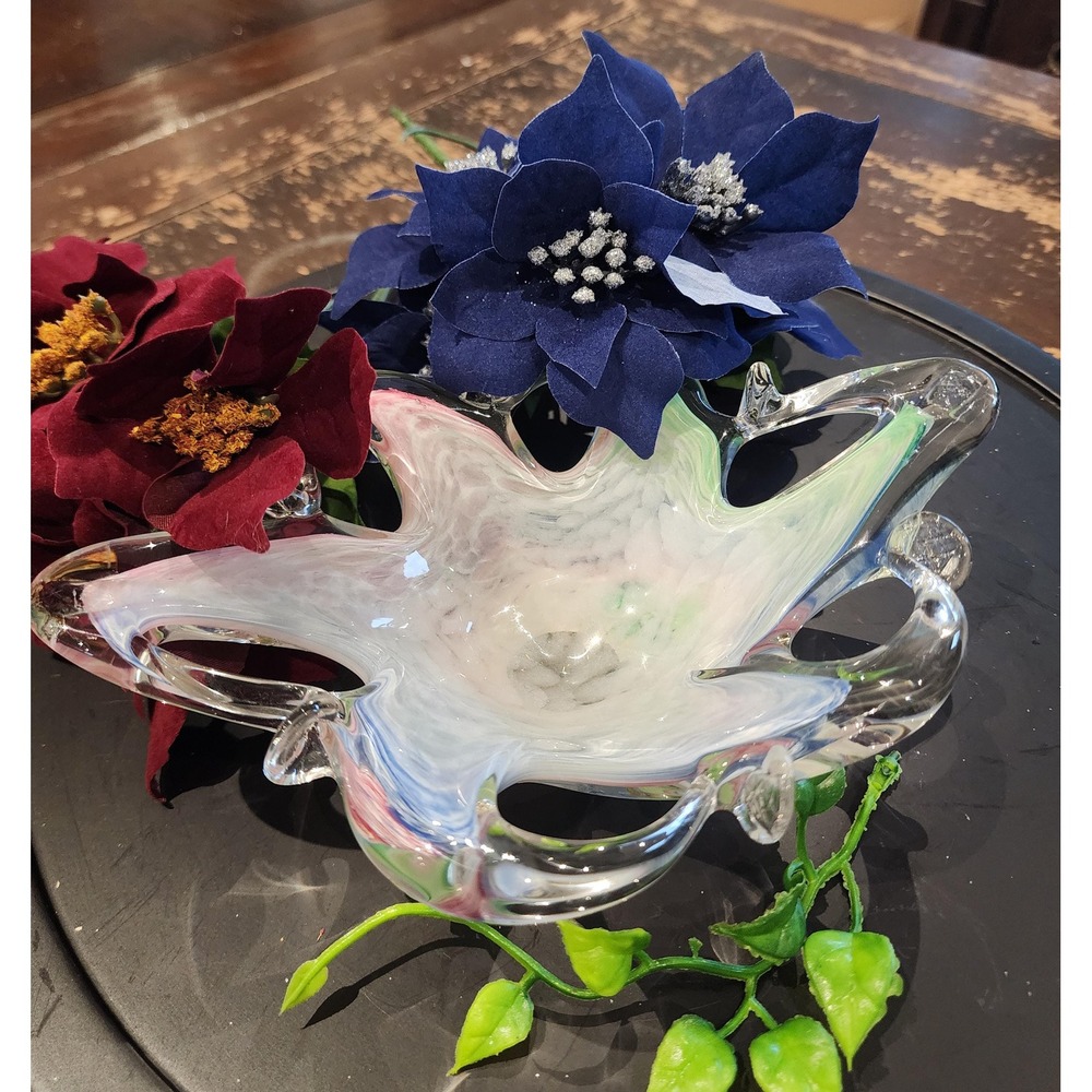 Murano Style Art Glass Bowl Pastel Ribbon Starburst Centerpiece Pink Mint Blue